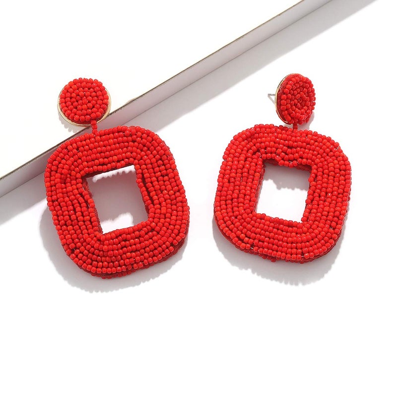 Boderier Beaded Drop Earrings Bohemian Beaded Square Dangle Statement Earrings (Red) - Image 4